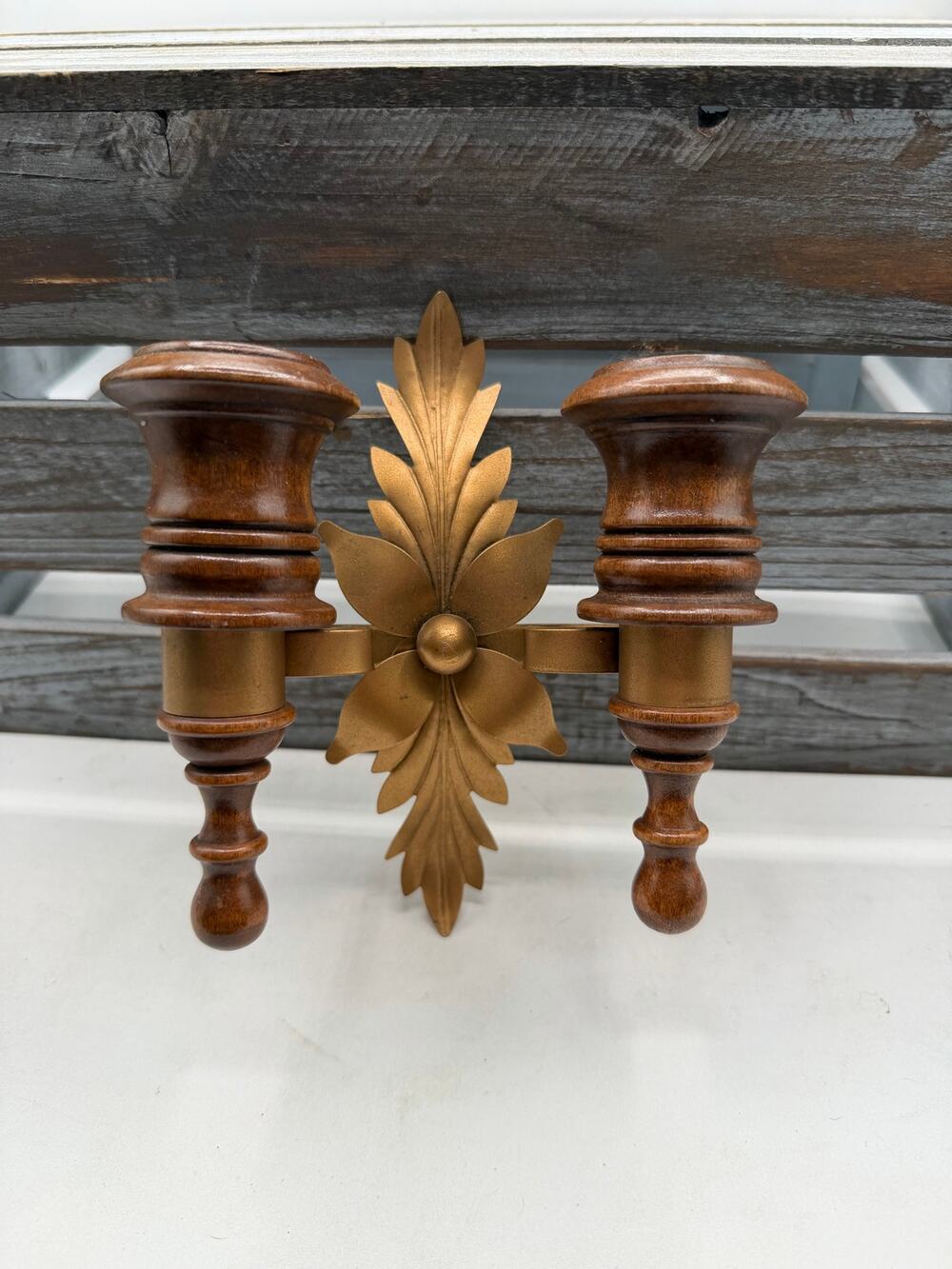 Vintage Gold Metal Acanthus Leaf Turned Wood Double Candle Wall Sconce Holder